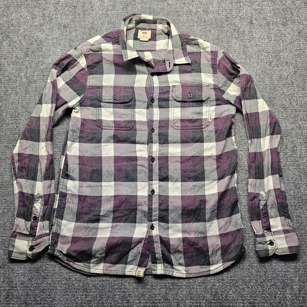 Vans Mens Large Purple Grey Plaid Herringbone Flannel Button Down Shirt L